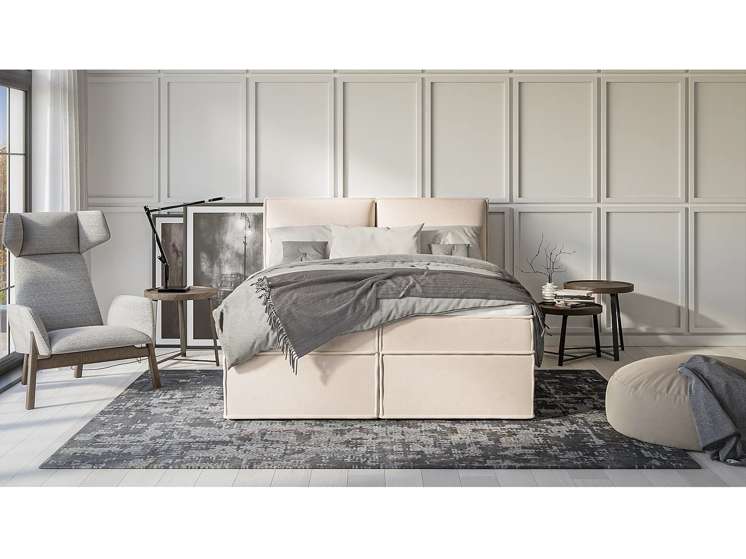 Dexter - Modernes Boxspringbett 160x200 mit Topper und Bettkästen aus Beige Luxusmicrofaser