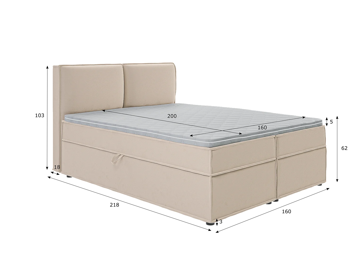 Dexter - Modernes Boxspringbett 160x200 mit Topper und Bettkästen aus Beige Luxusmicrofaser