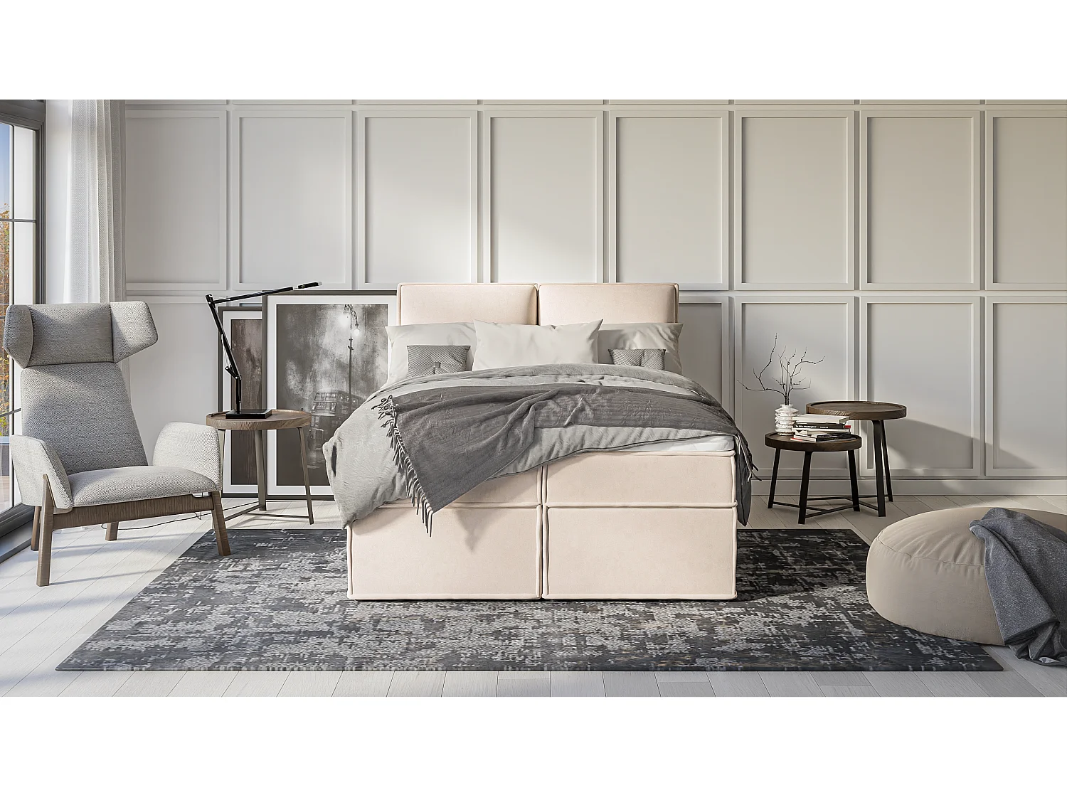 Dexter - Modernes Boxspringbett 140x200 mit Topper und Bettkästen aus Beige Luxusmicrofaser