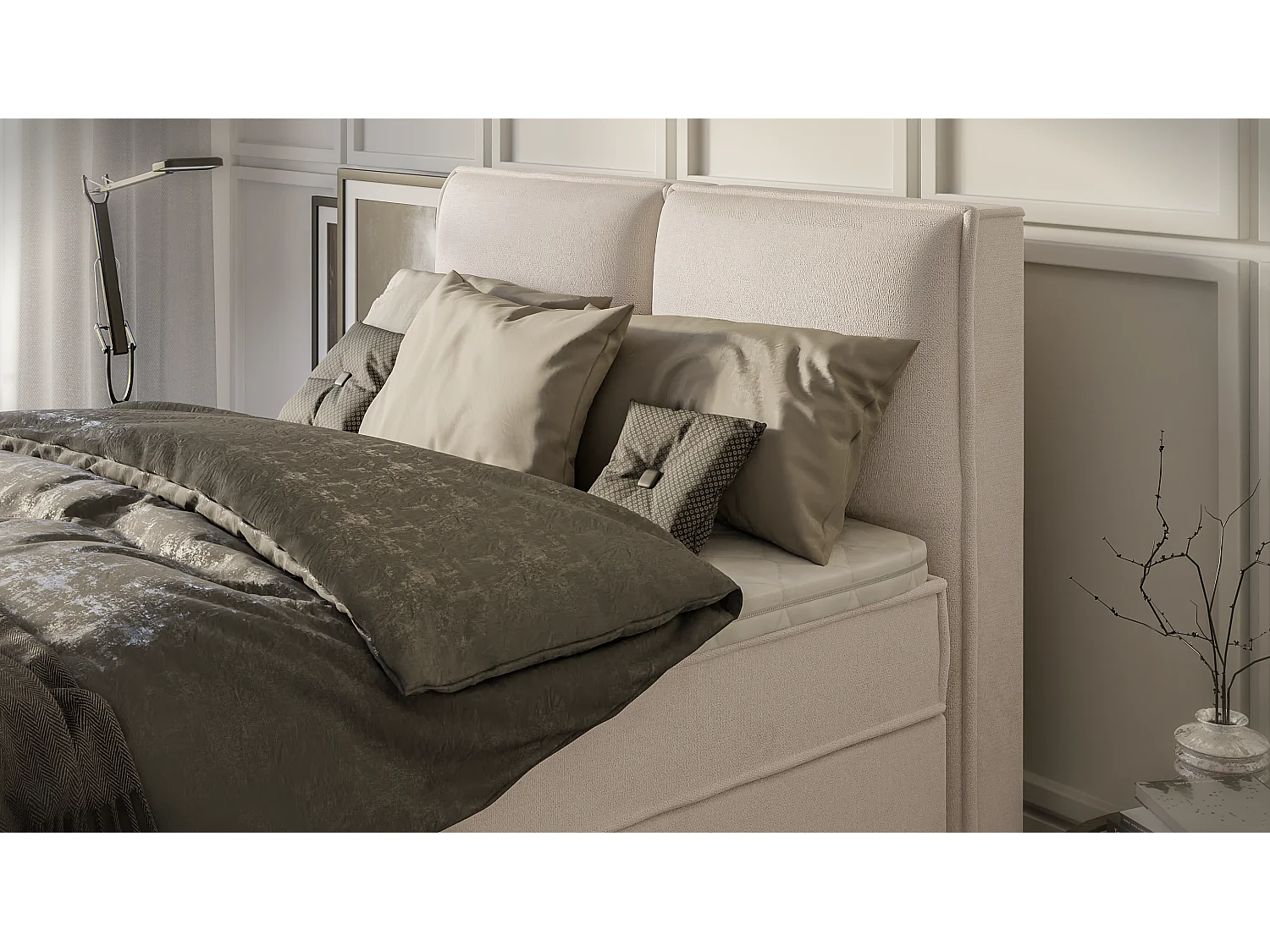 Dexter - Modernes Boxspringbett 140x200 mit Topper und Bettkästen aus Beige Luxusmicrofaser