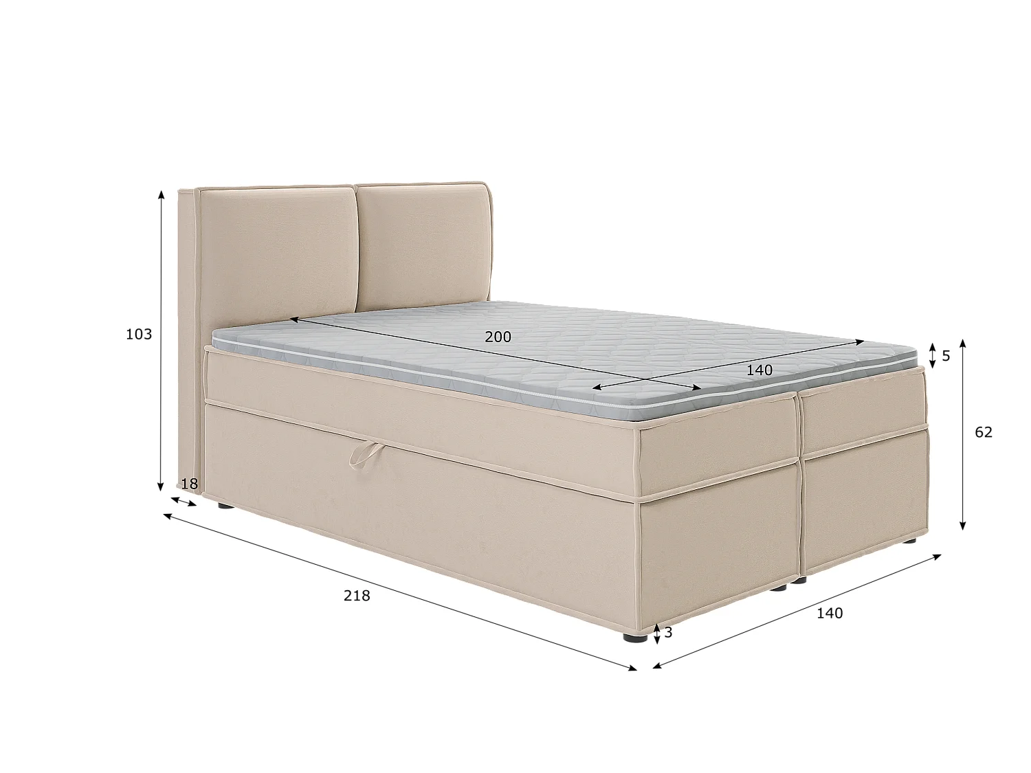 Dexter - Modernes Boxspringbett 140x200 mit Topper und Bettkästen aus Beige Luxusmicrofaser