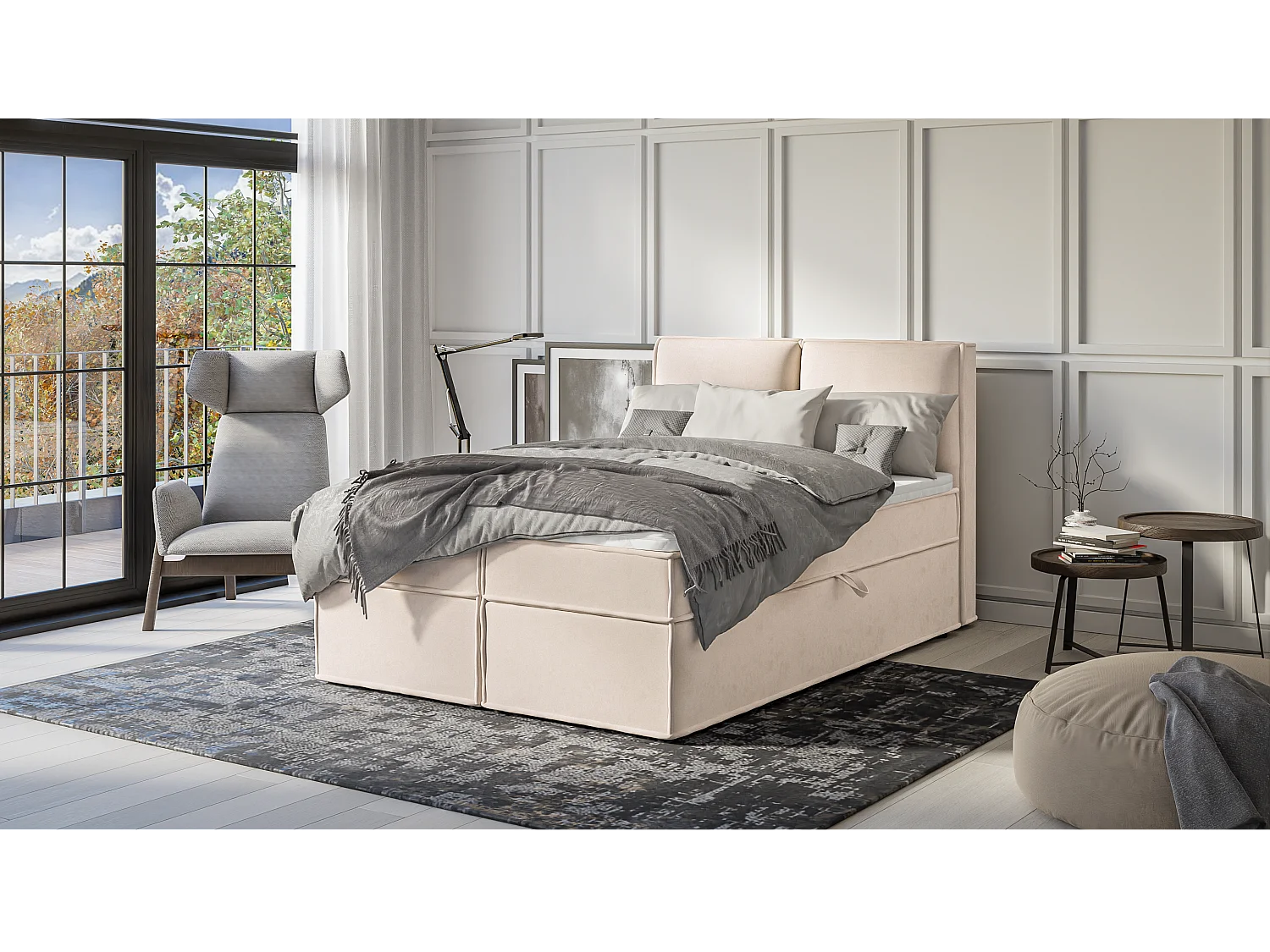 Dexter - Modernes Boxspringbett 140x200 mit Topper und Bettkästen aus Beige Luxusmicrofaser