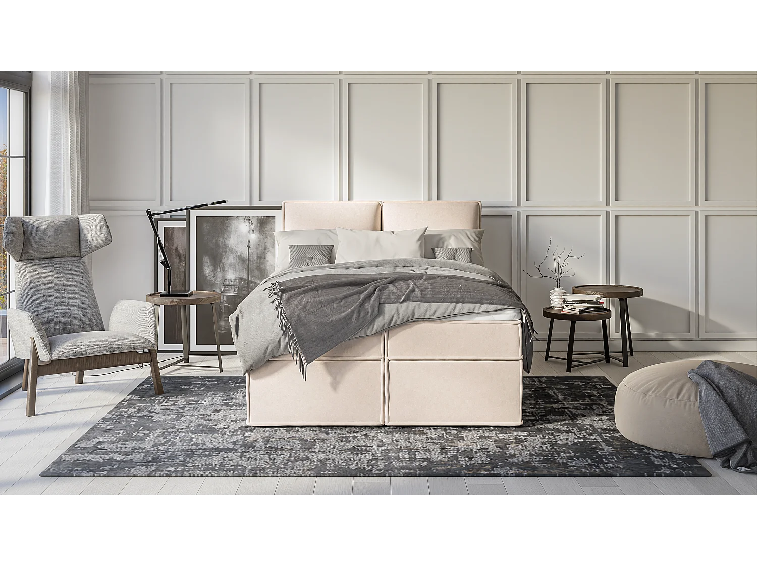 Dexter - Modernes Boxspringbett 140x200 mit Topper und Bettkästen aus Beige Luxusmicrofaser