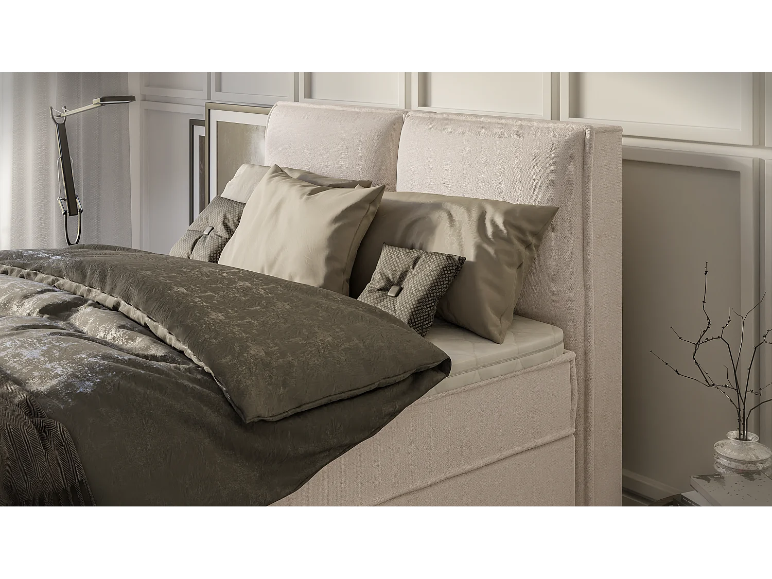 Dexter - Modernes Boxspringbett 140x200 mit Topper und Bettkästen aus Beige Luxusmicrofaser