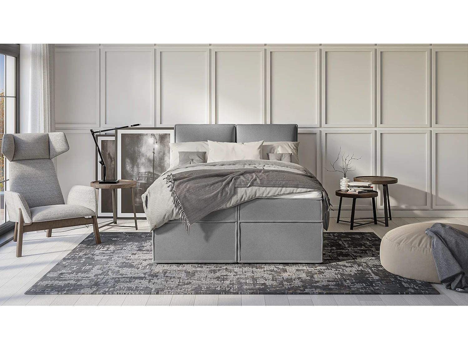 Dexter - Modernes Boxspringbett 140x200 mit Topper und Bettkästen aus Grau Luxusmicrofaser