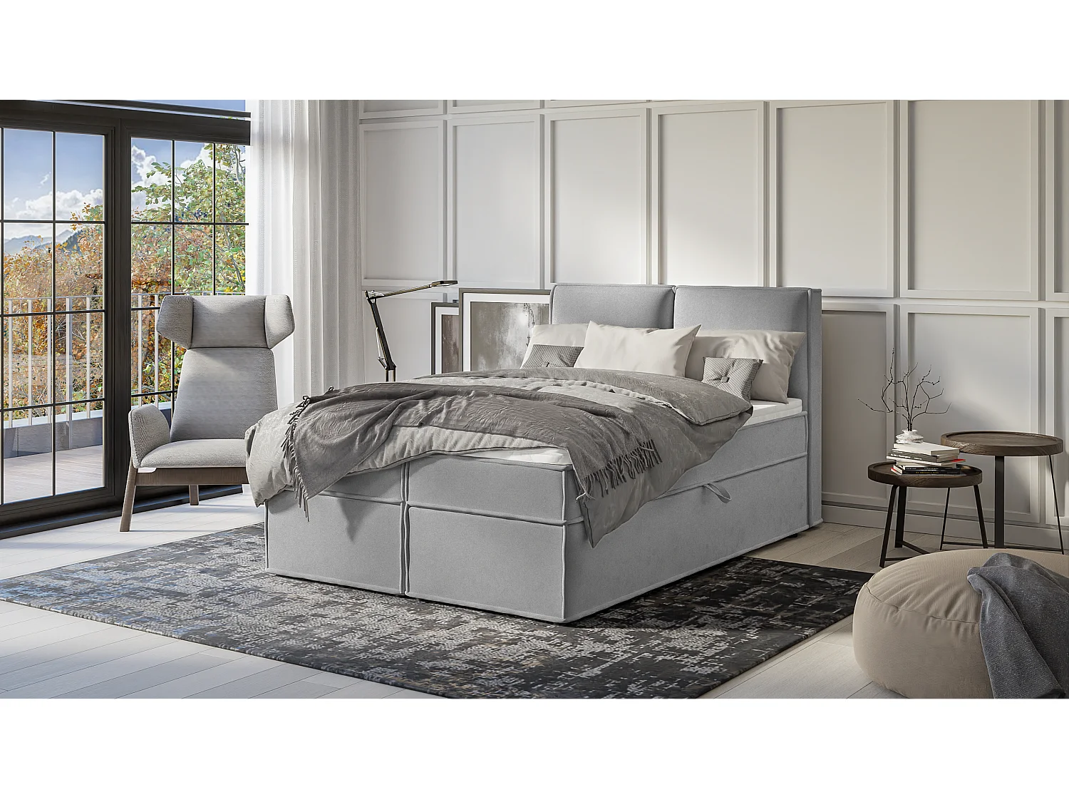 Dexter - Modernes Boxspringbett 140x200 mit Topper und Bettkästen aus Grau Luxusmicrofaser