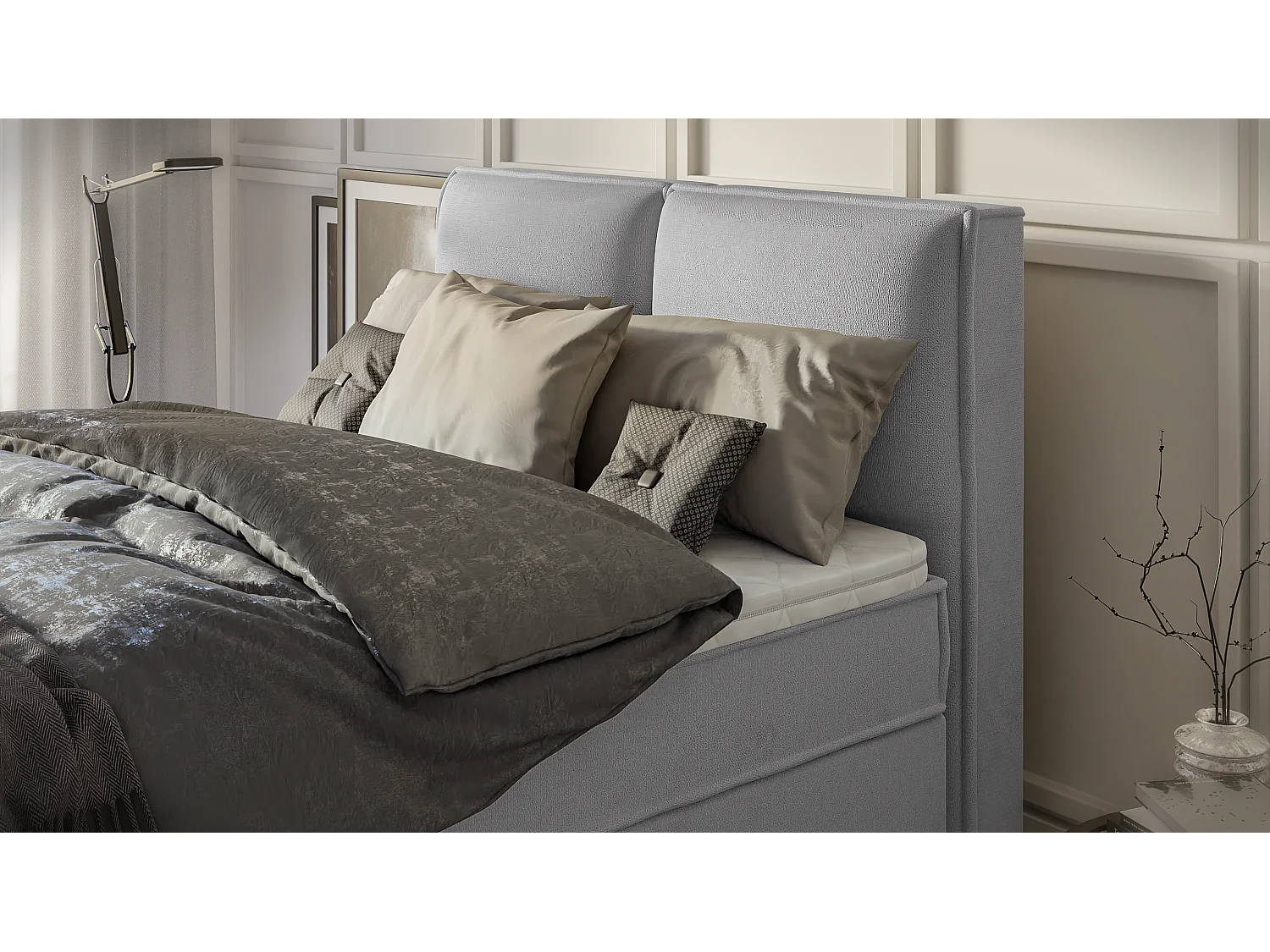 Dexter - Modernes Boxspringbett 140x200 mit Topper und Bettkästen aus Grau Luxusmicrofaser