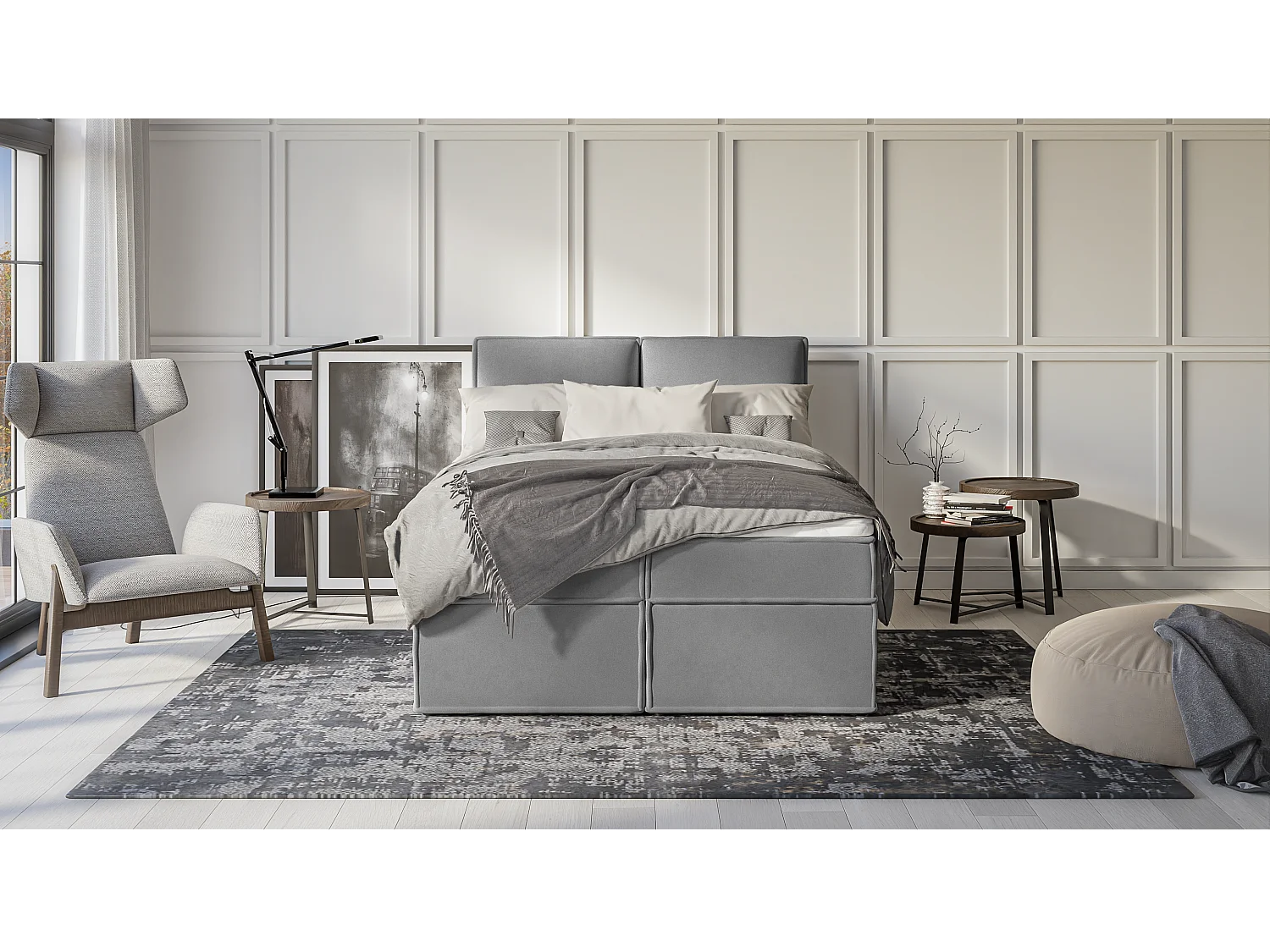 Dexter - Modernes Boxspringbett 140x200 mit Topper und Bettkästen aus Grau Luxusmicrofaser