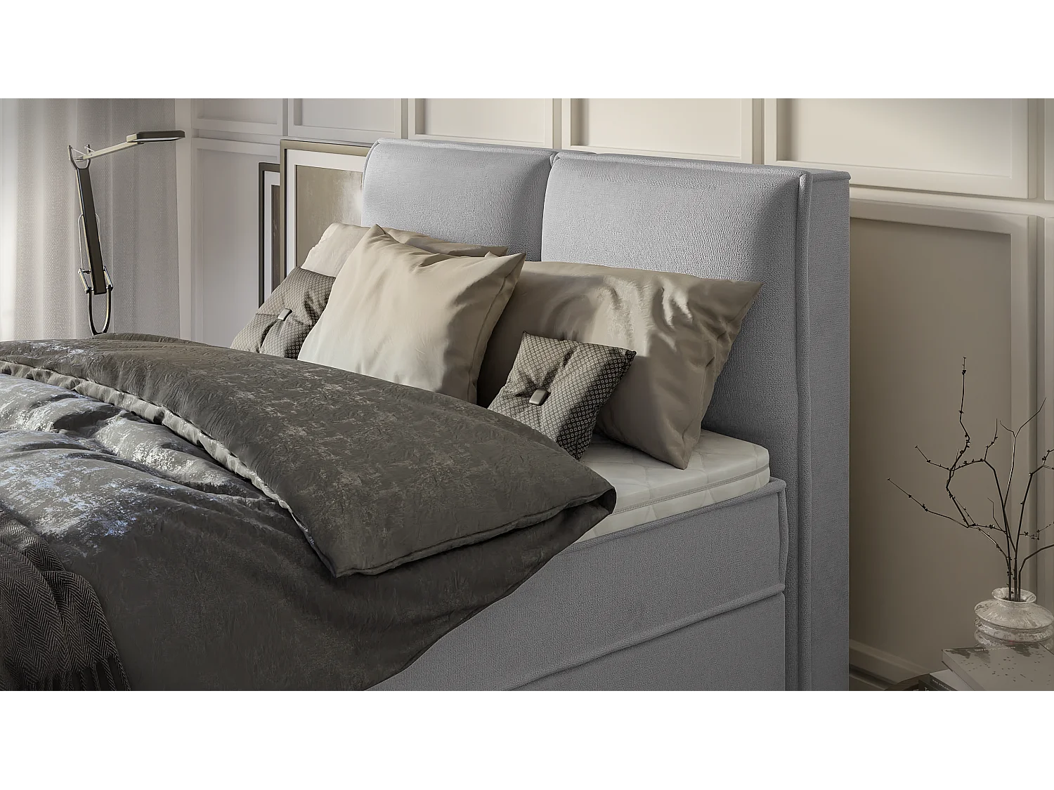 Dexter - Modernes Boxspringbett 140x200 mit Topper und Bettkästen aus Grau Luxusmicrofaser