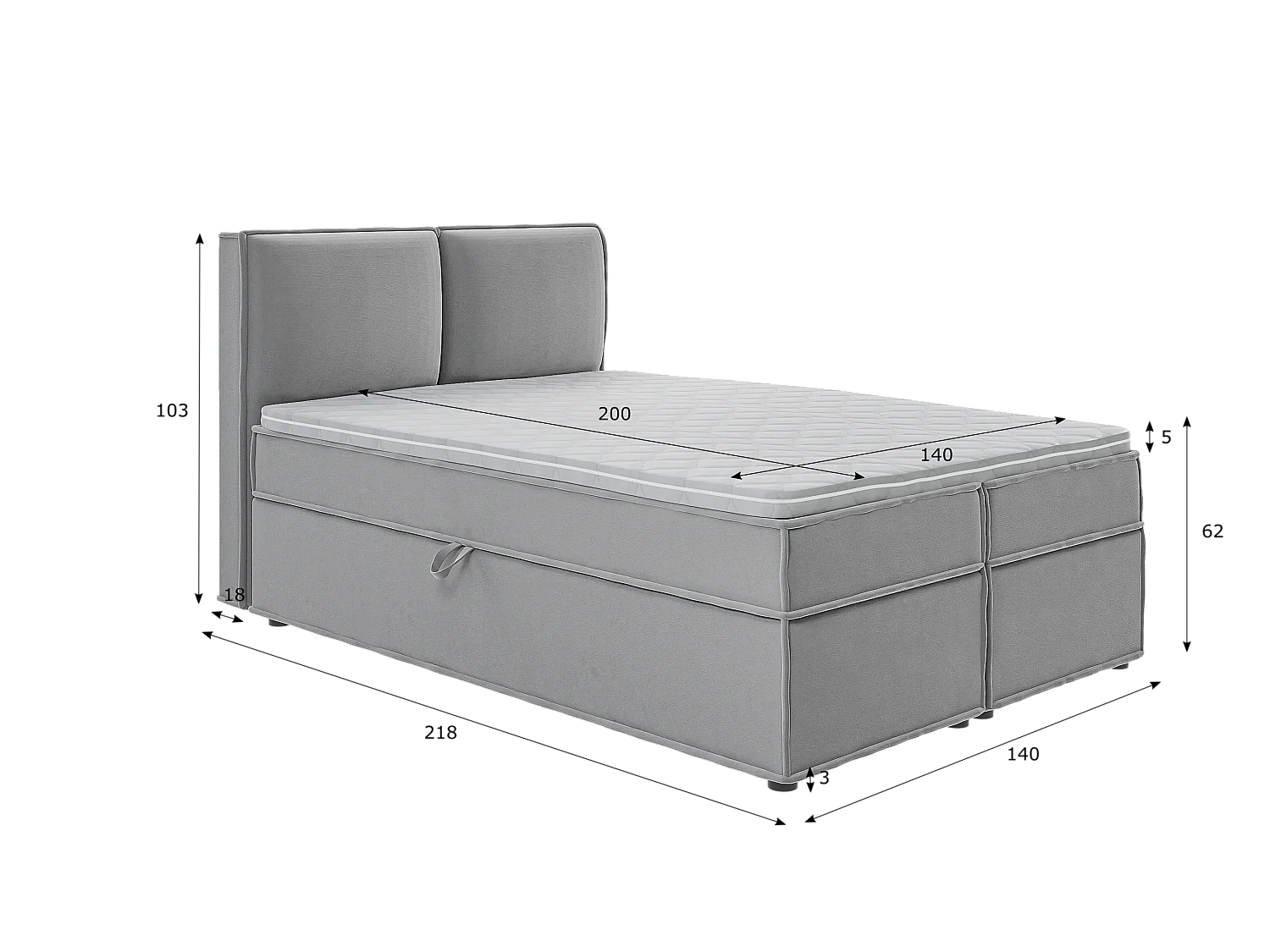 Dexter - Modernes Boxspringbett 140x200 mit Topper und Bettkästen aus Grau Luxusmicrofaser