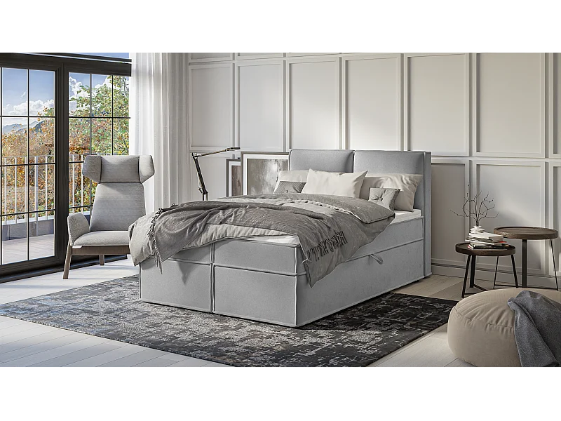 Dexter - Modernes Boxspringbett 140x200 mit Topper und Bettkästen aus Grau Luxusmicrofaser