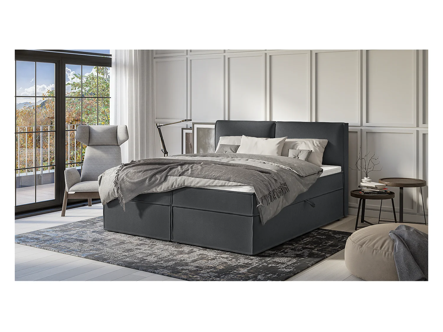 Dexter - Modernes Boxspringbett 180x200 mit Topper und Bettkästen aus Graphit Luxusmicrofaser