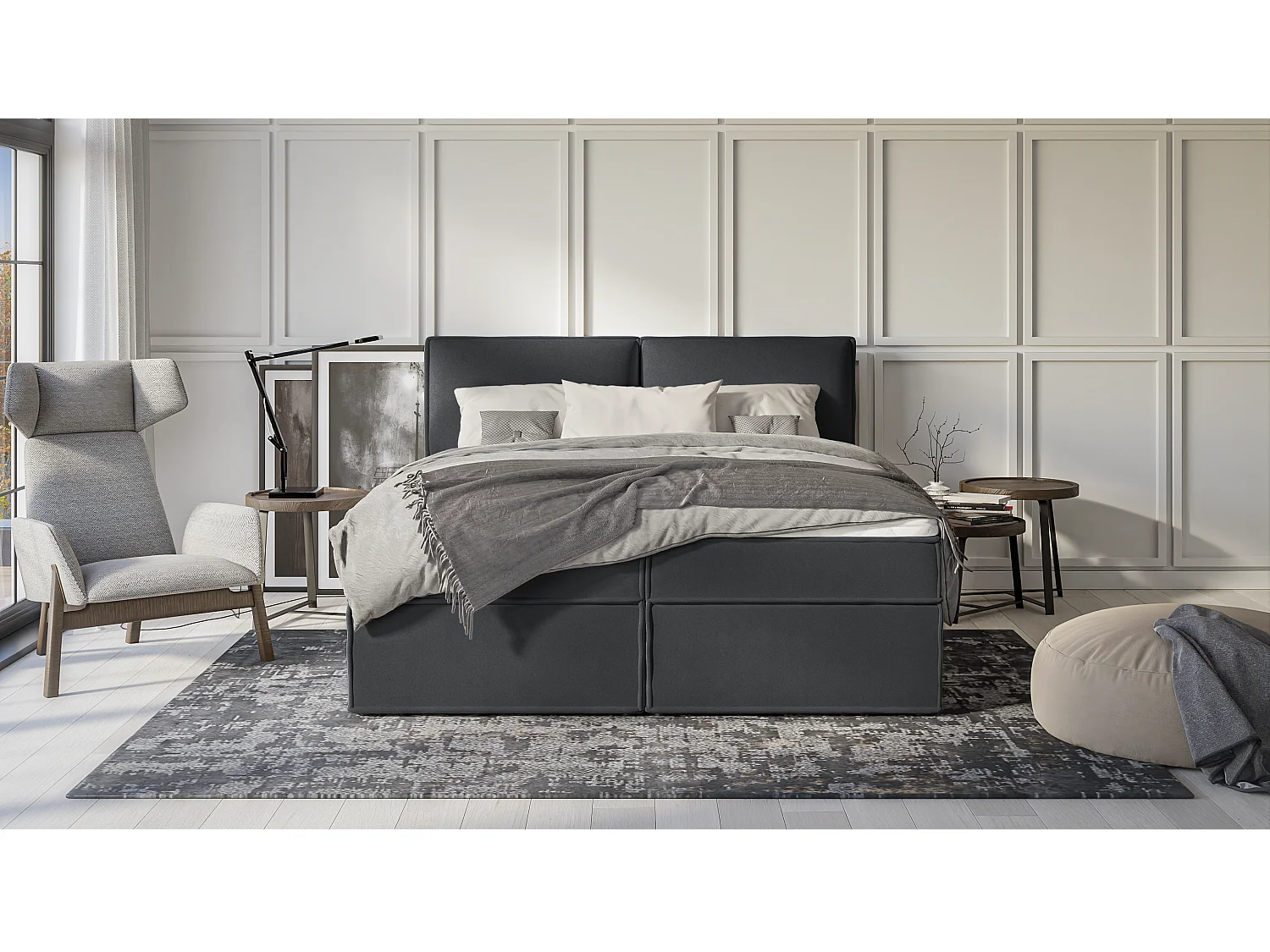 Dexter - Modernes Boxspringbett 180x200 mit Topper und Bettkästen aus Graphit Luxusmicrofaser