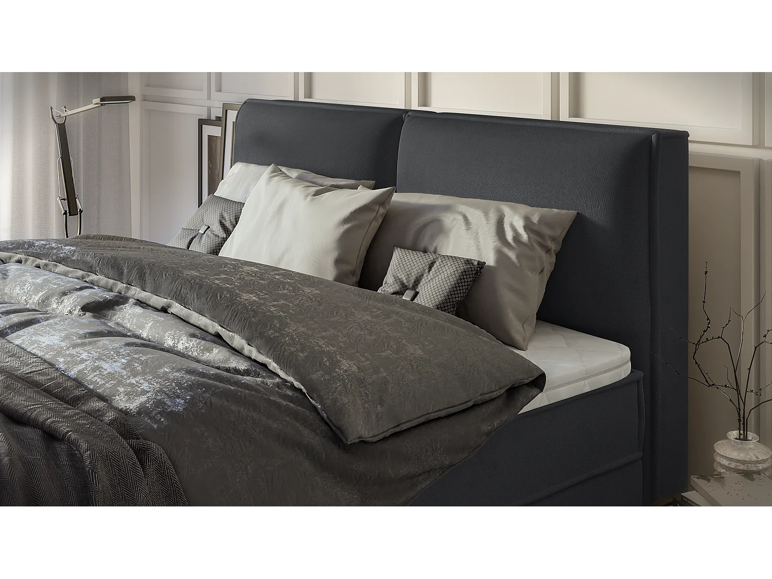 Dexter - Modernes Boxspringbett 180x200 mit Topper und Bettkästen aus Graphit Luxusmicrofaser