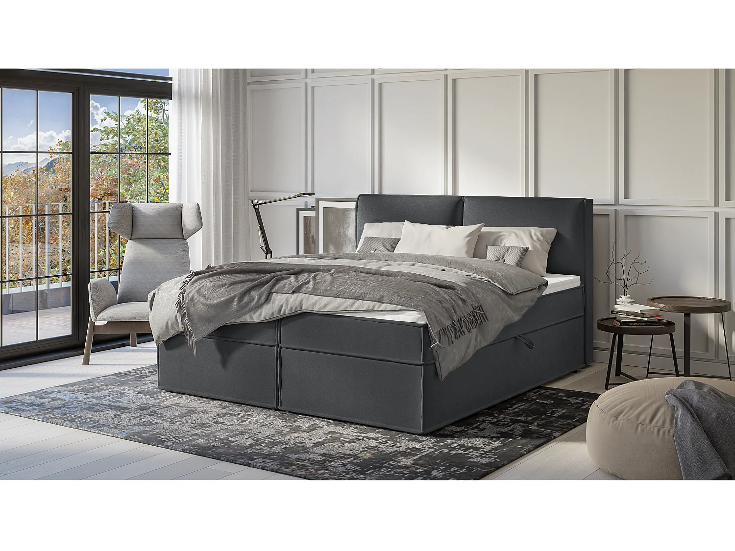 Dexter - Modernes Boxspringbett 180x200 mit Topper und Bettkästen aus Graphit Luxusmicrofaser