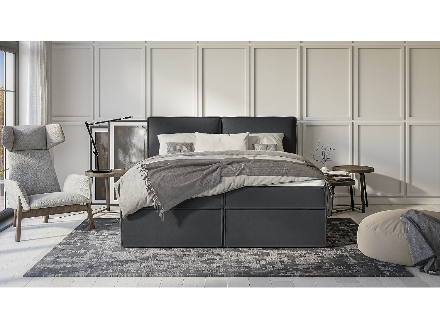 Dexter - Modernes Boxspringbett 180x200 mit Topper und Bettkästen aus Graphit Luxusmicrofaser