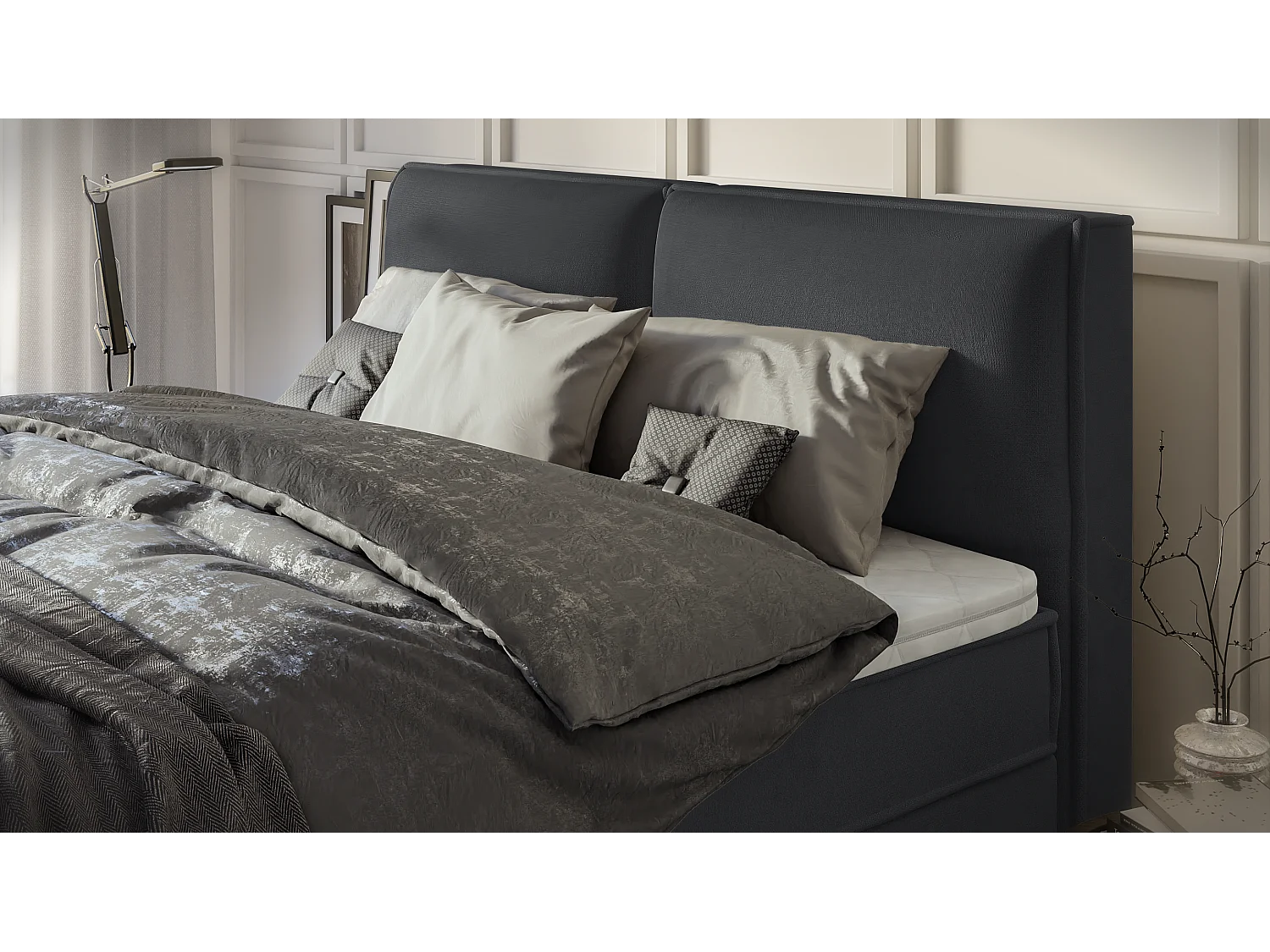 Dexter - Modernes Boxspringbett 180x200 mit Topper und Bettkästen aus Graphit Luxusmicrofaser
