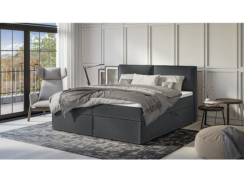 Dexter - Modernes Boxspringbett 180x200 mit Topper und Bettkästen aus Graphit Luxusmicrofaser
