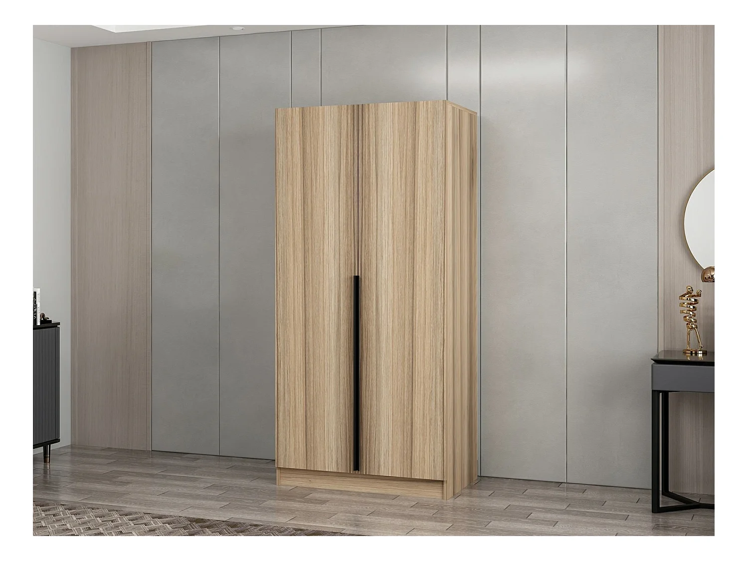 Armoire 2 portes Kanawa L90xH210cm chêne clair et Noir