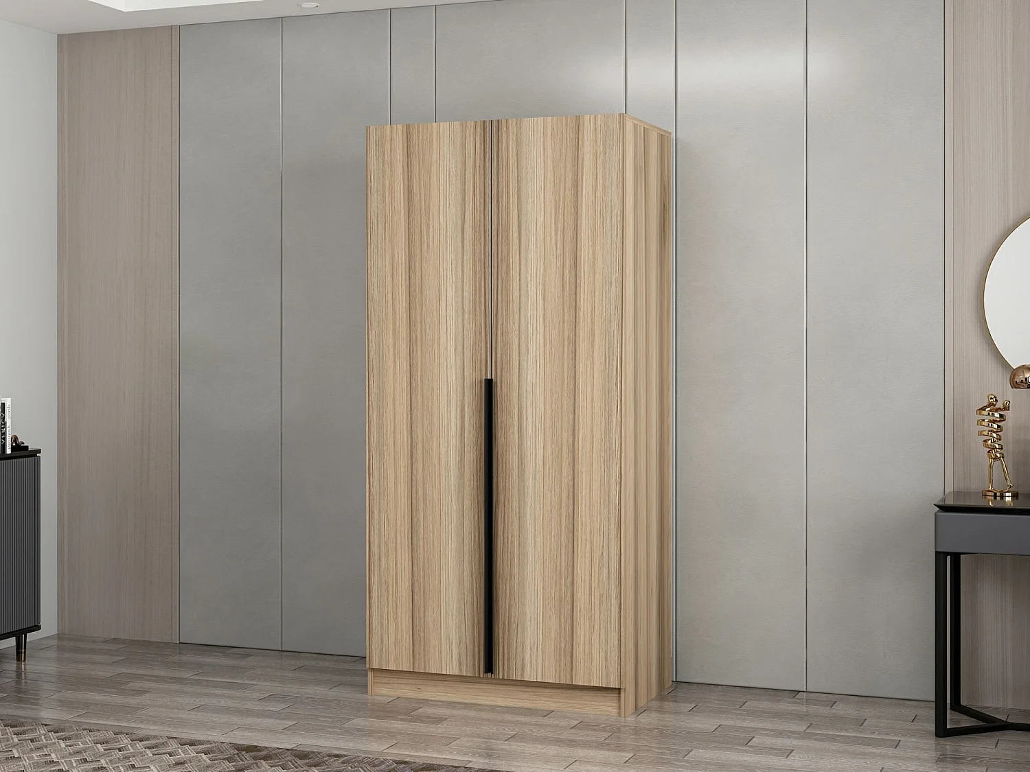 Armoire 2 portes Kanawa L90xH210cm chêne clair et Noir