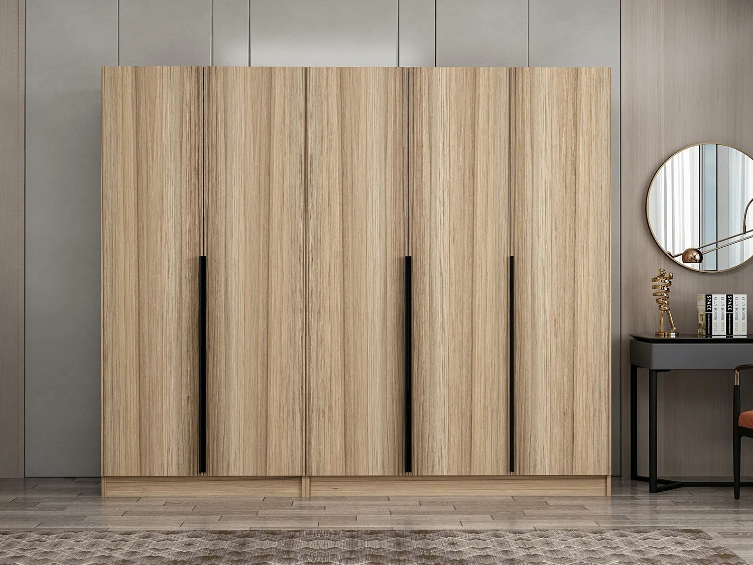 Armoire 5 portes Kanawa L225xH210cm Chêne clair et Noir