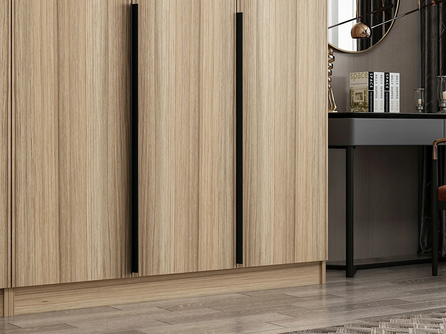 Armoire 5 portes Kanawa L225xH210cm Chêne clair et Noir