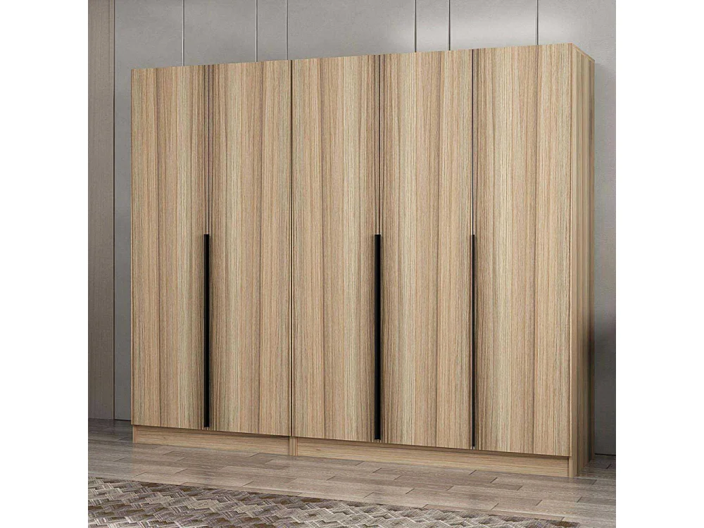 Armoire 5 portes Kanawa L225xH210cm Chêne clair et Noir
