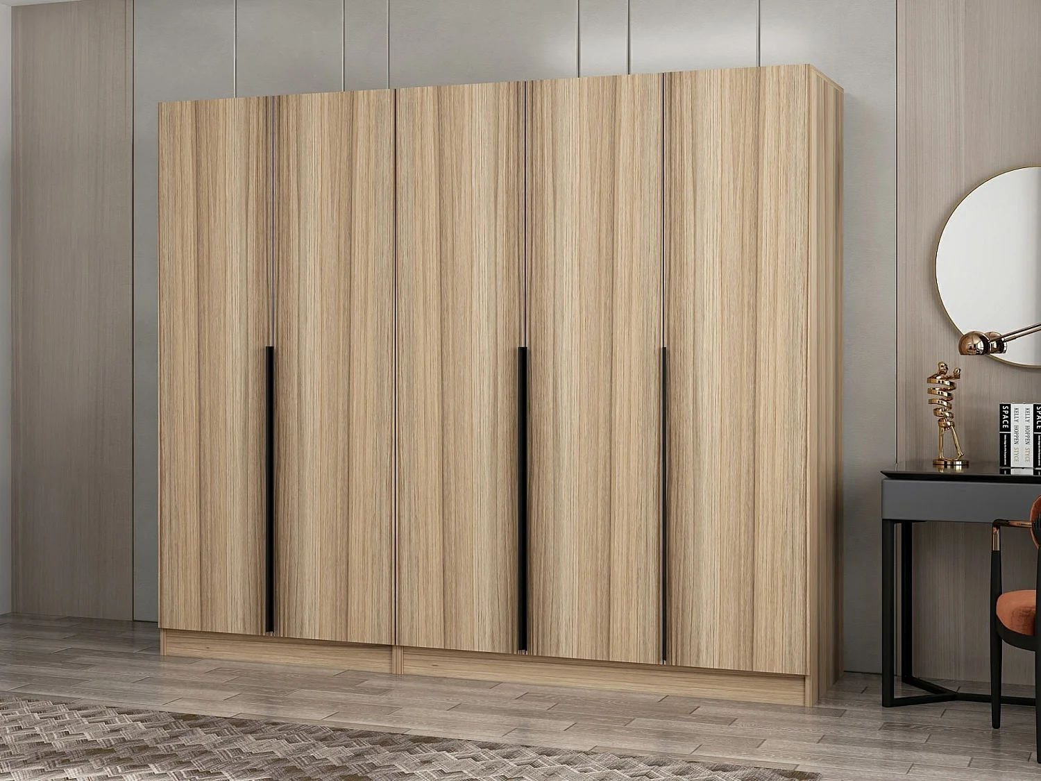 Armoire 5 portes Kanawa L225xH210cm Chêne clair et Noir