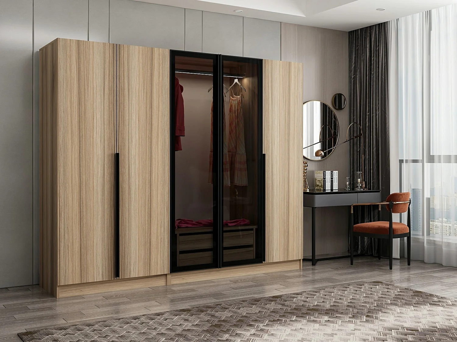 Armoire design 3 portes et 2 portes vitrées Kanowa L225xH210cm Chêne clair et Noir