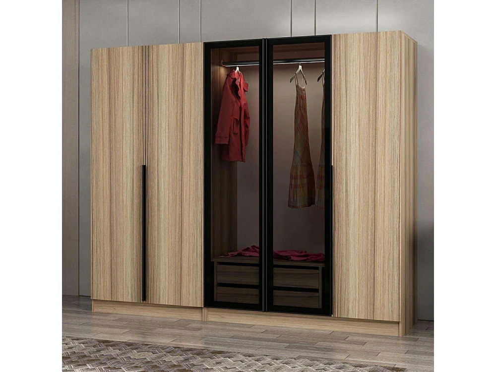 Armoire design 3 portes et 2 portes vitrées Kanowa L225xH210cm Chêne clair et Noir