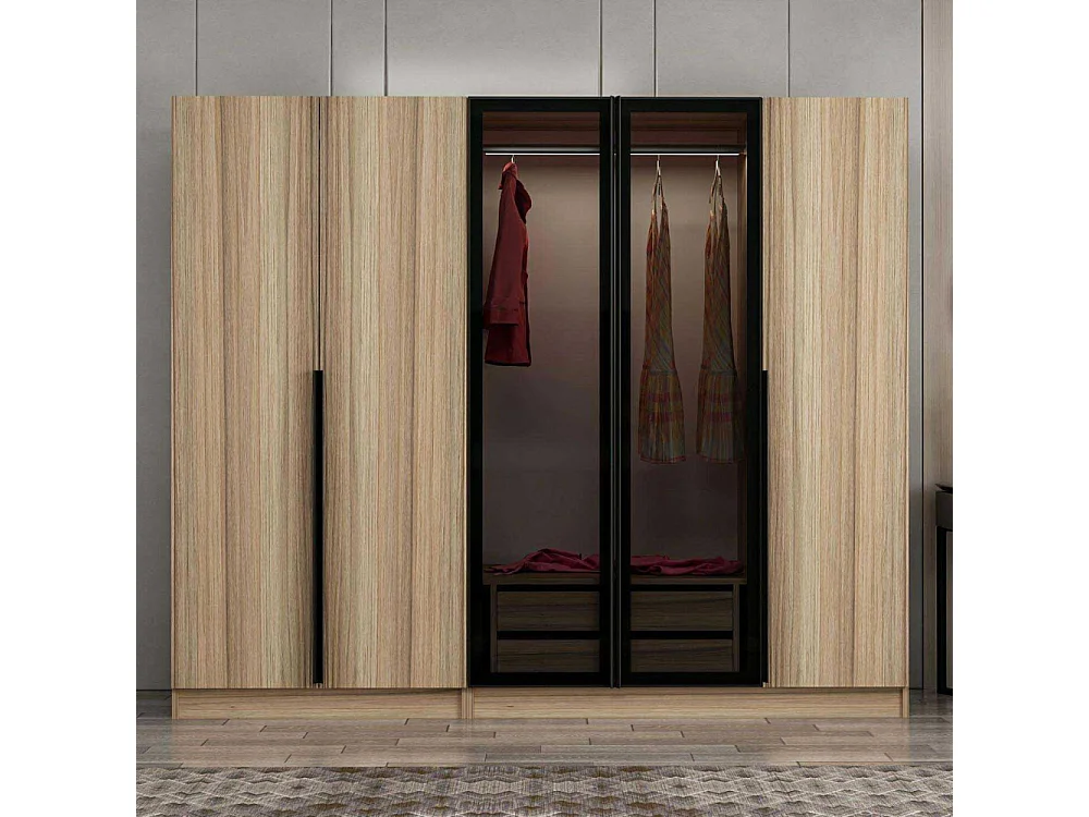 Armoire design 3 portes et 2 portes vitrées Kanowa L225xH210cm Chêne clair et Noir