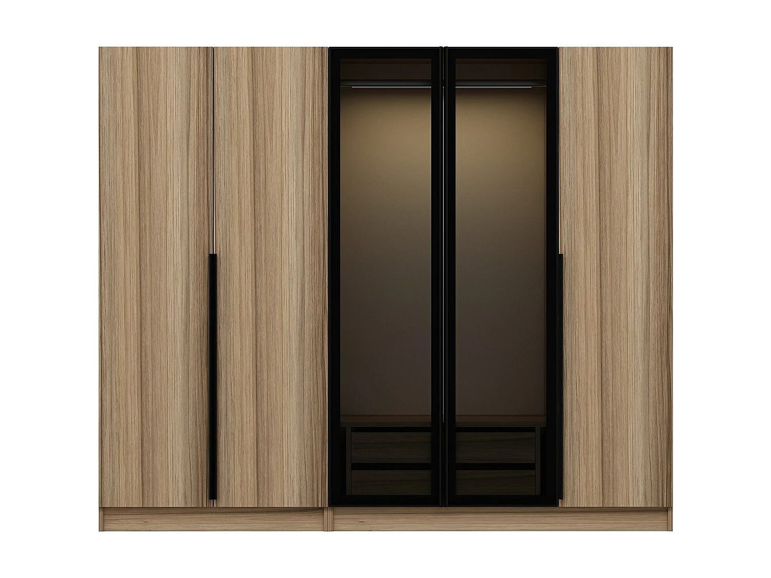 Armoire design 3 portes et 2 portes vitrées Kanowa L225xH210cm Chêne clair et Noir