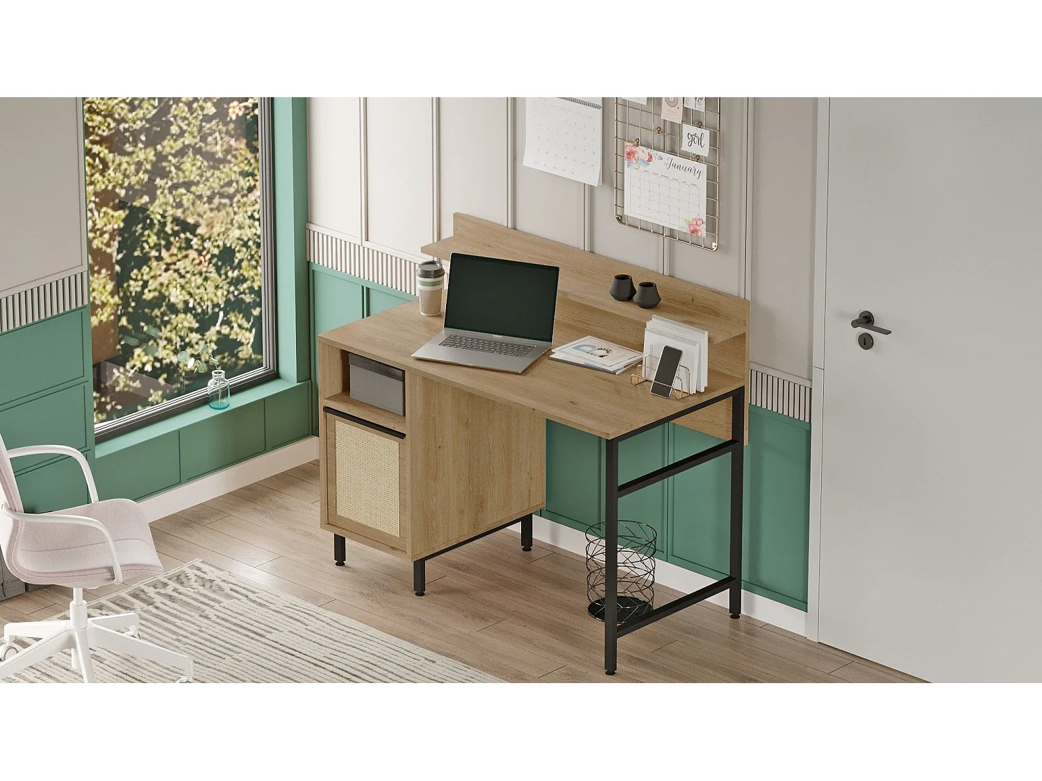 Bureau avec rangement et étagère Evelis L120cm Bois et Rotin clair