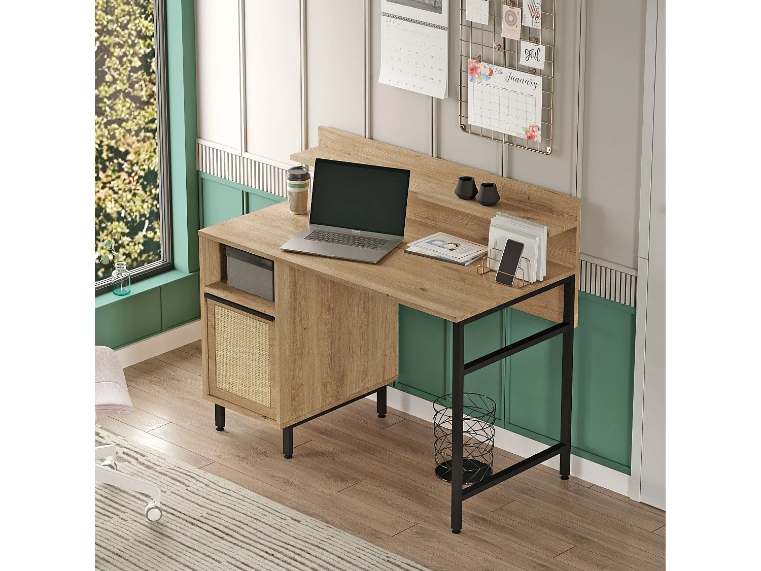 Bureau avec rangement et étagère Evelis L120cm Bois et Rotin clair