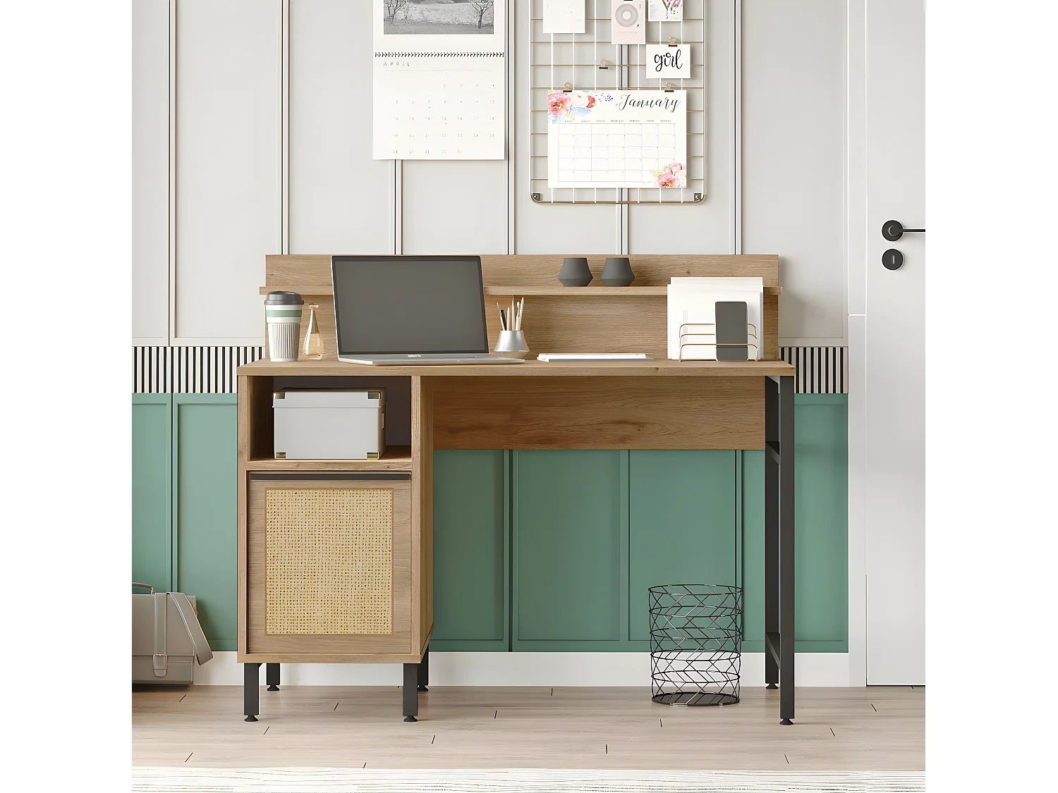 Bureau avec rangement et étagère Evelis L120cm Bois et Rotin clair