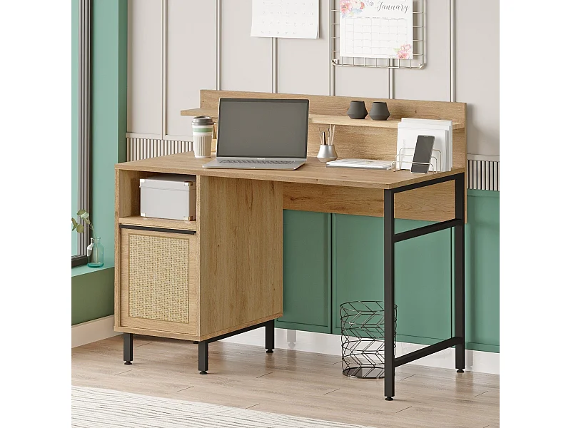 Bureau avec rangement et étagère Evelis L120cm Bois et Rotin clair