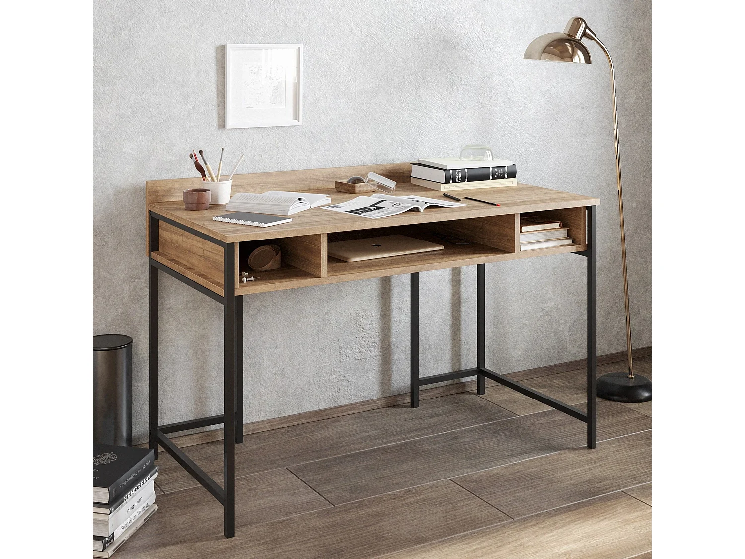 Bureau 3 étagères Plinio 119,5x65,2cm Bois Naturel et Métal Noir