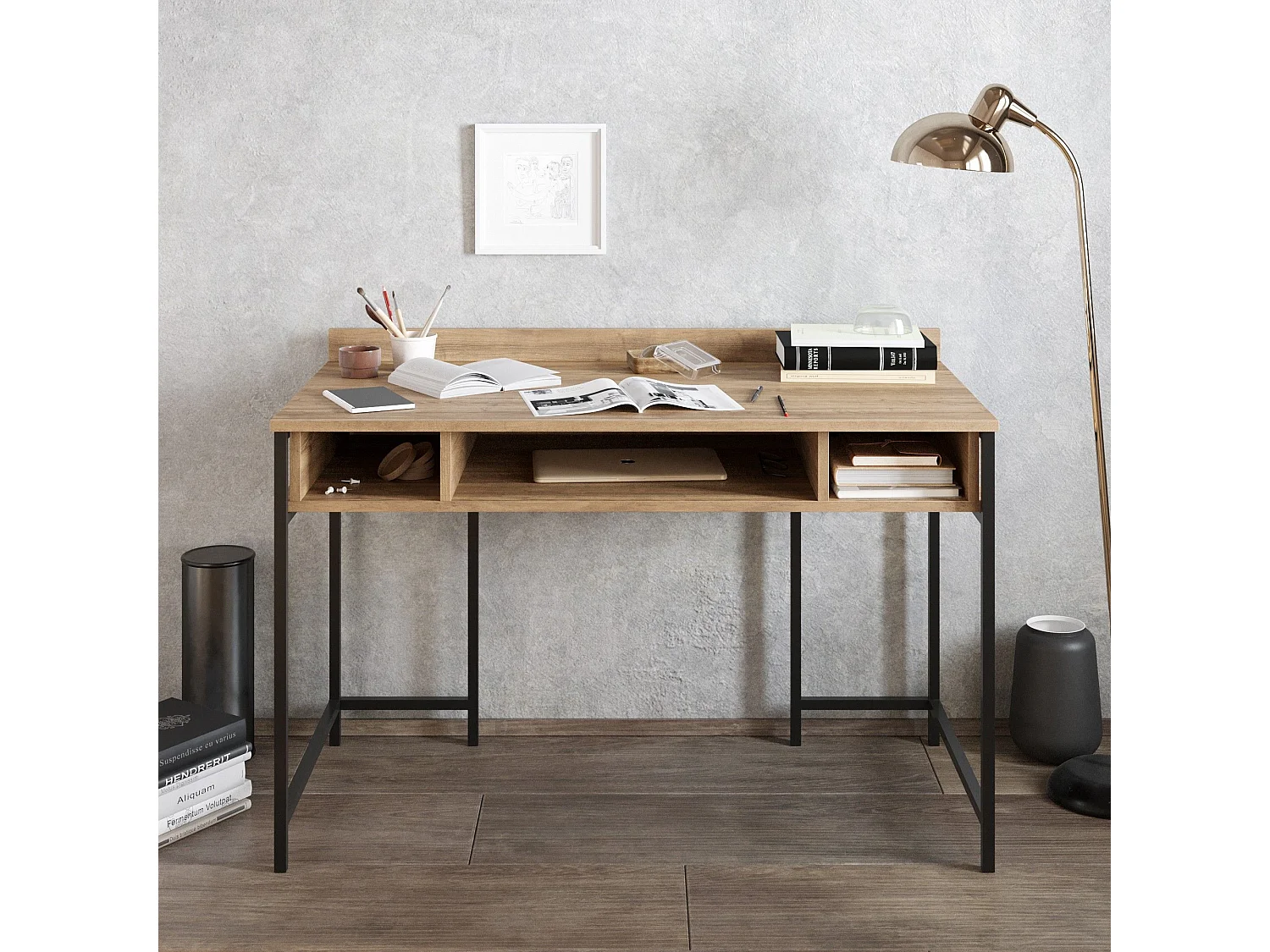 Bureau 3 étagères Plinio 119,5x65,2cm Bois Naturel et Métal Noir