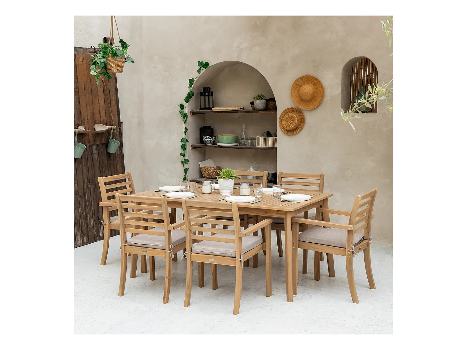 Salon de jardin SIMILAN en acacia 6 places - coussins sable - HAPPY GARDEN