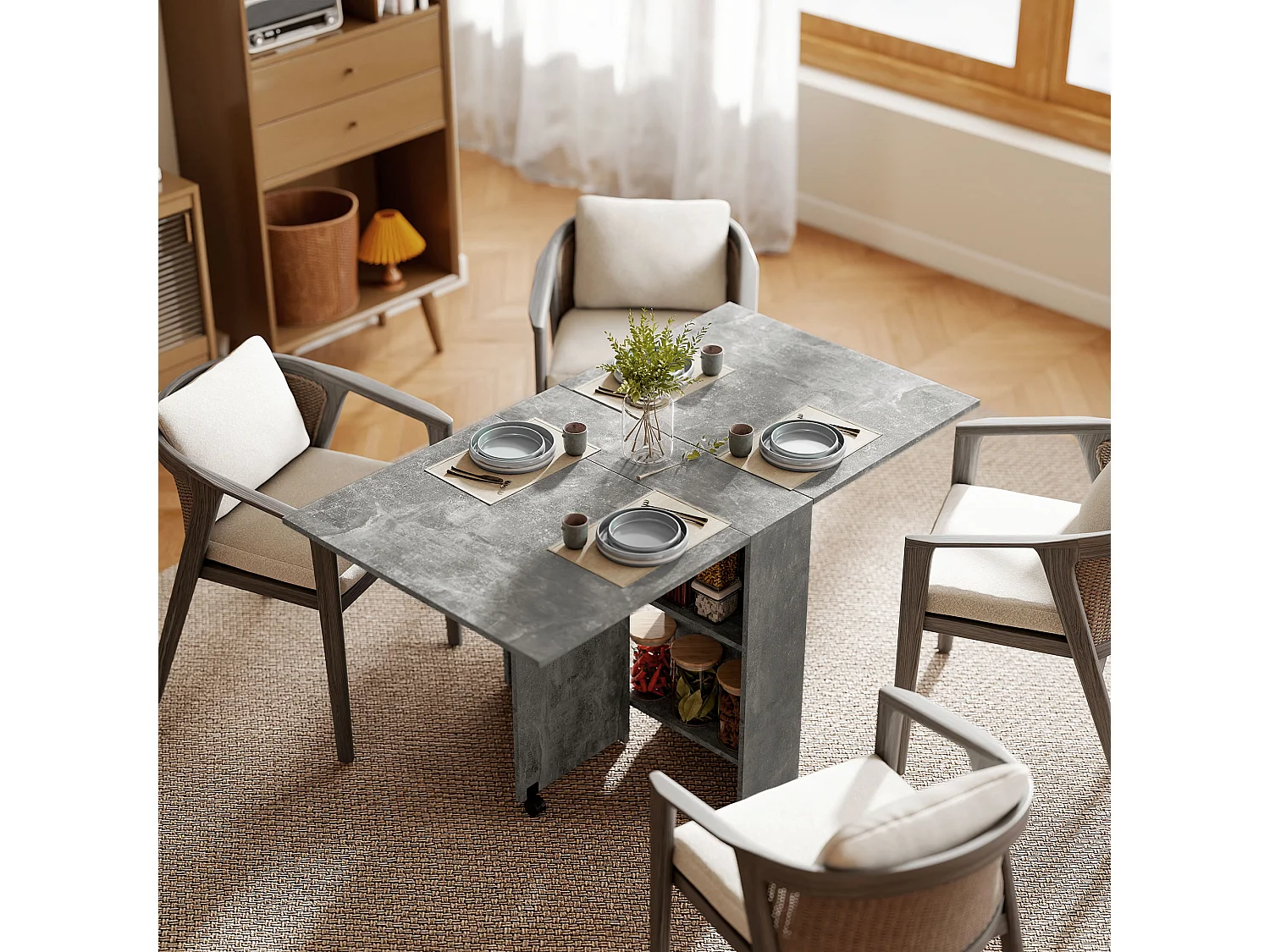 Table pliante sur roulettes 140L x 75l x 74H cm 2 étagères intégrées panneaux effet béton ciré