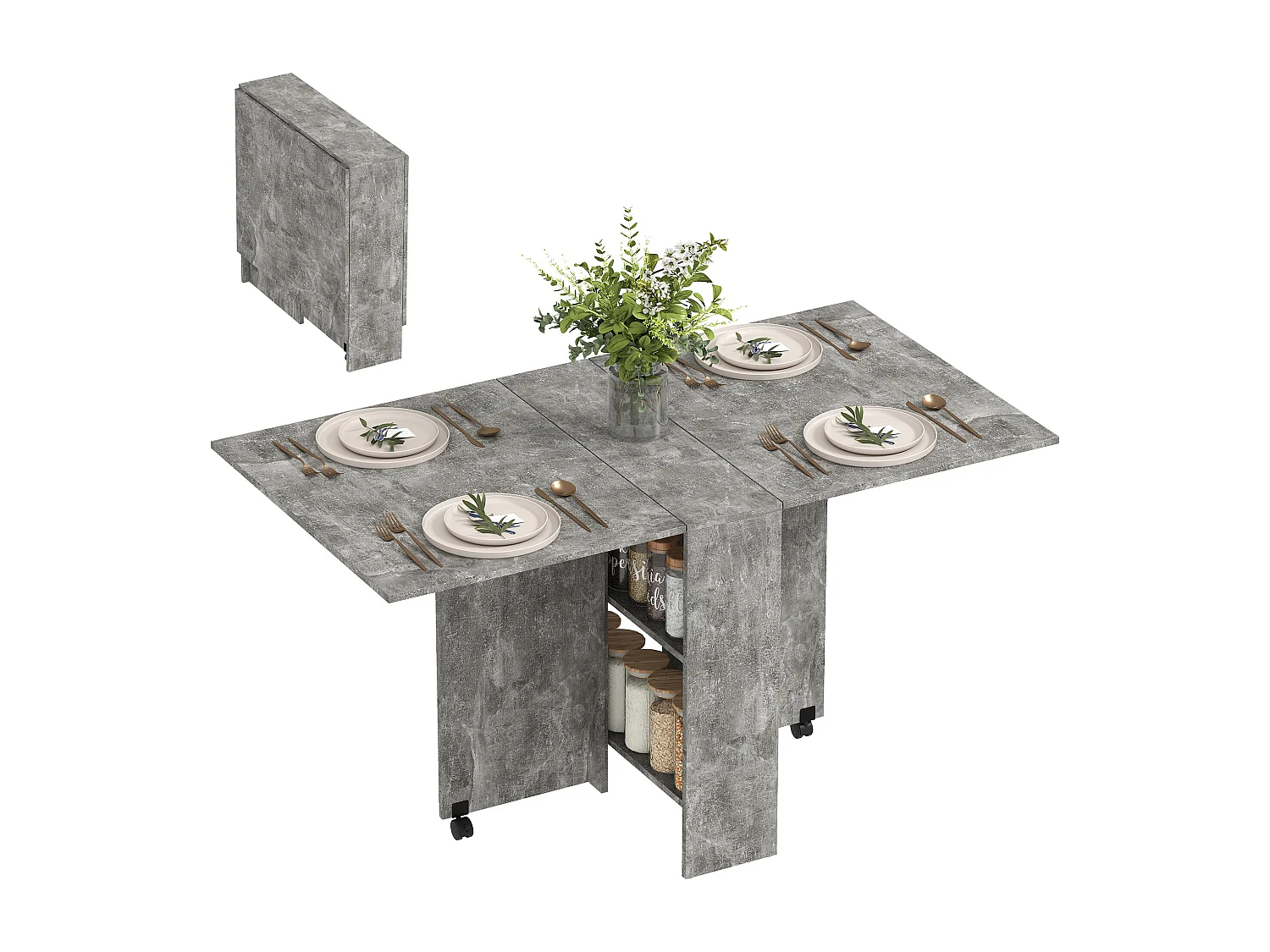 Table pliante sur roulettes 140L x 75l x 74H cm 2 étagères intégrées panneaux effet béton ciré