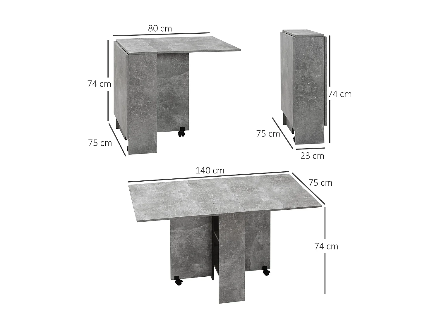 Table pliante sur roulettes 140L x 75l x 74H cm 2 étagères intégrées panneaux effet béton ciré