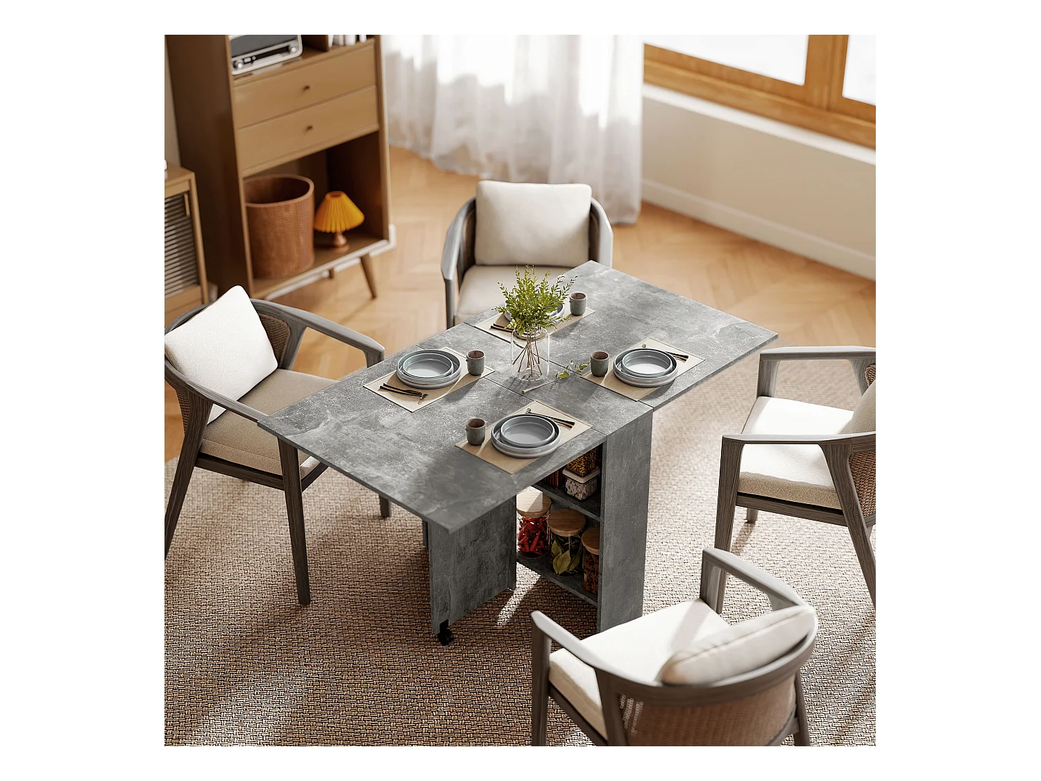 Table pliante sur roulettes 140L x 75l x 74H cm 2 étagères intégrées panneaux effet béton ciré