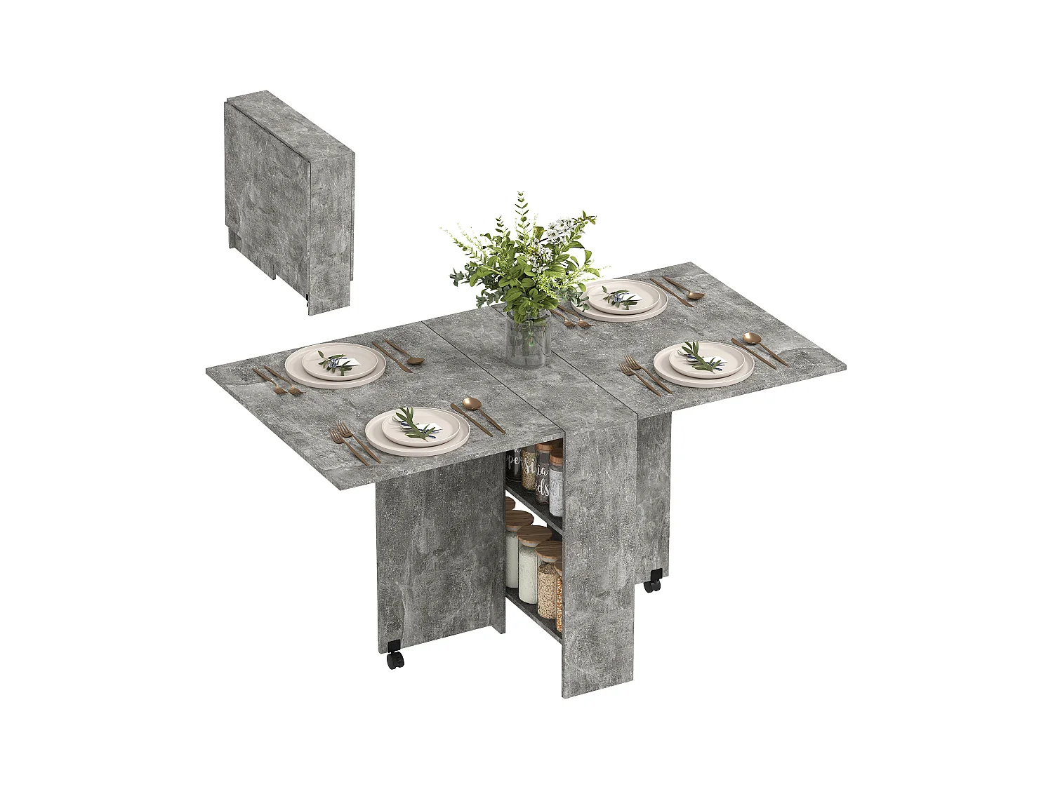Table pliante sur roulettes 140L x 75l x 74H cm 2 étagères intégrées panneaux effet béton ciré