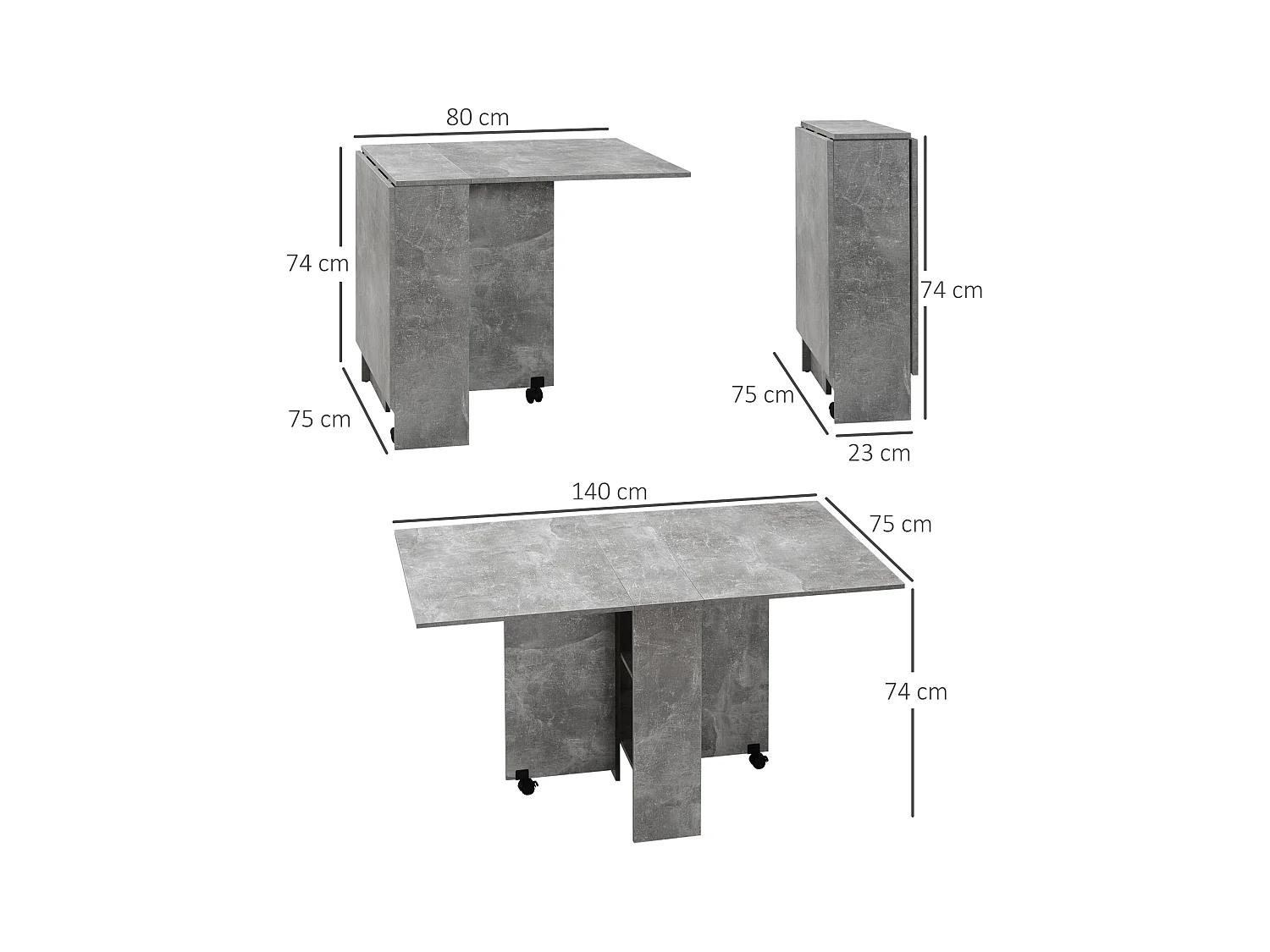 Table pliante sur roulettes 140L x 75l x 74H cm 2 étagères intégrées panneaux effet béton ciré