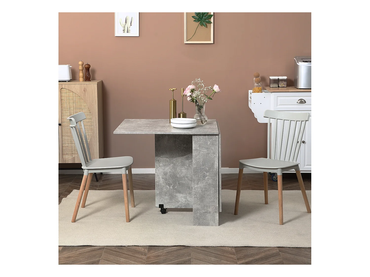 Table pliante sur roulettes 140L x 75l x 74H cm 2 étagères intégrées panneaux effet béton ciré