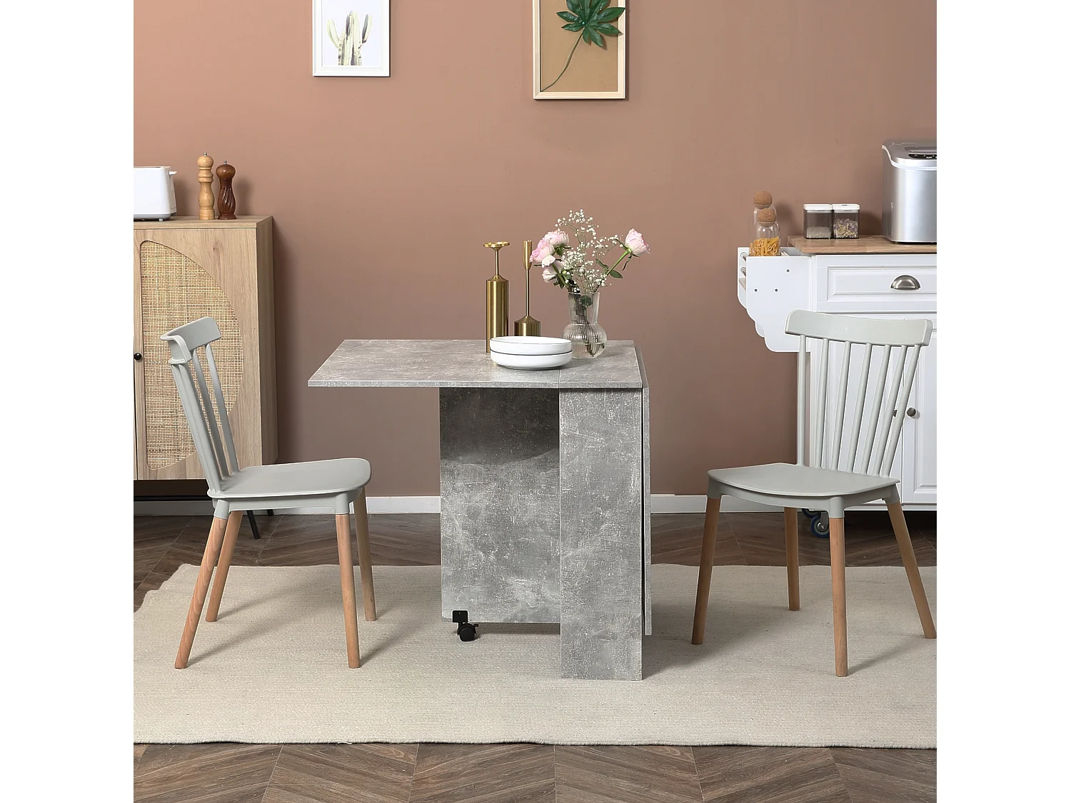 Table pliante sur roulettes 140L x 75l x 74H cm 2 étagères intégrées panneaux effet béton ciré