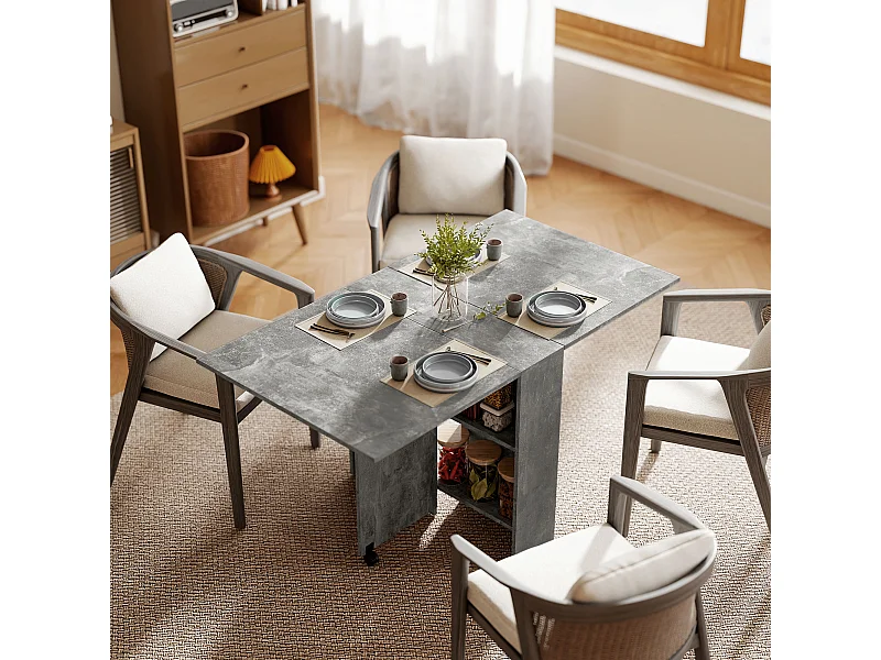 Table pliante sur roulettes 140L x 75l x 74H cm 2 étagères intégrées panneaux effet béton ciré