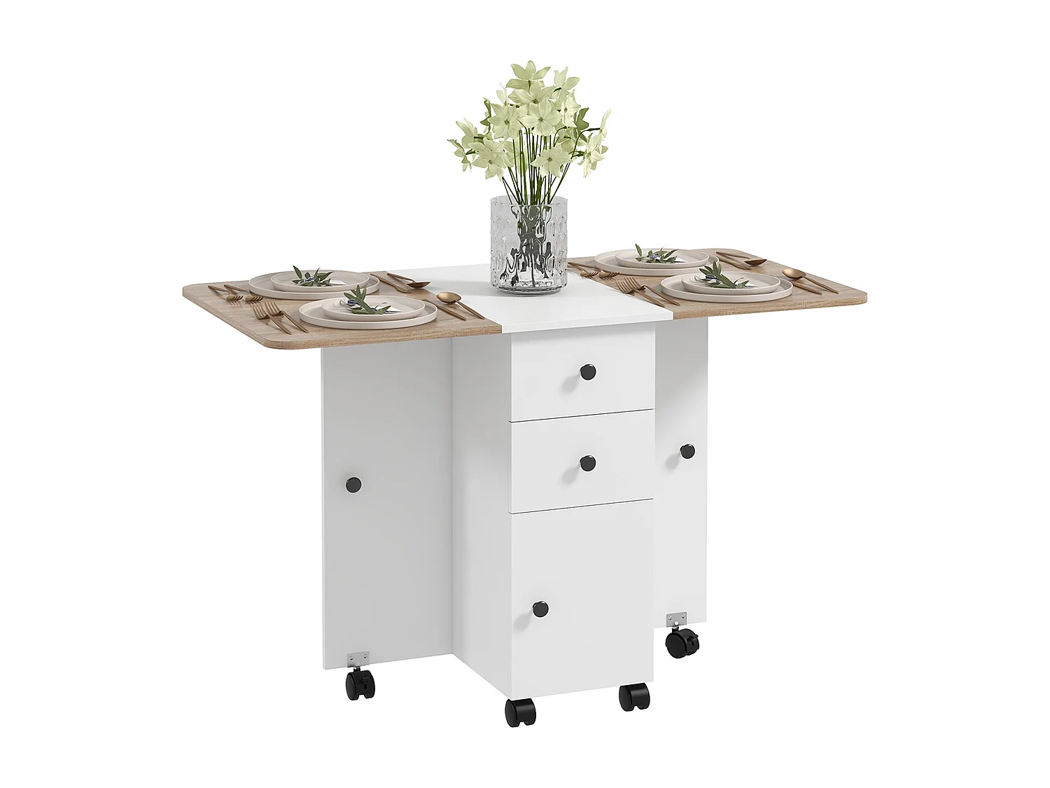 Table pliable de cuisine salle à manger - 2 tiroirs, placard, niche - panneaux aspect bois chêne blanc