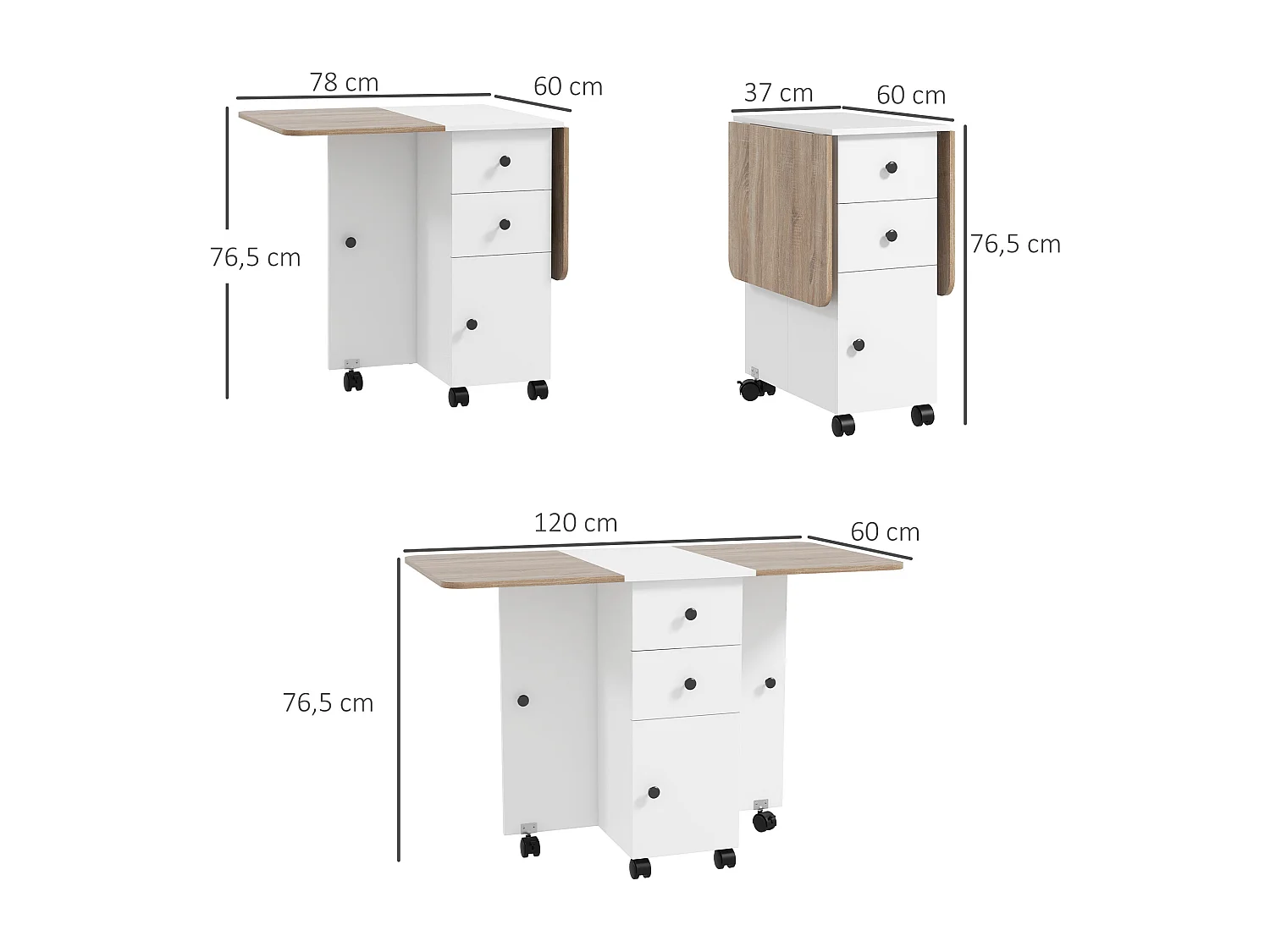 Table pliable de cuisine salle à manger - 2 tiroirs, placard, niche - panneaux aspect bois chêne blanc